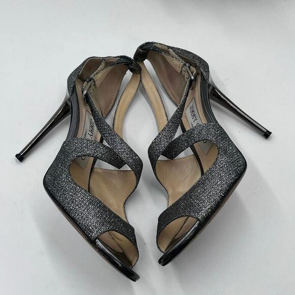 Jimmy Choo Lang Anthracite
Glitter Gunmetal Silver Lamè Ankle Strap Heels - Picture 6 of 9